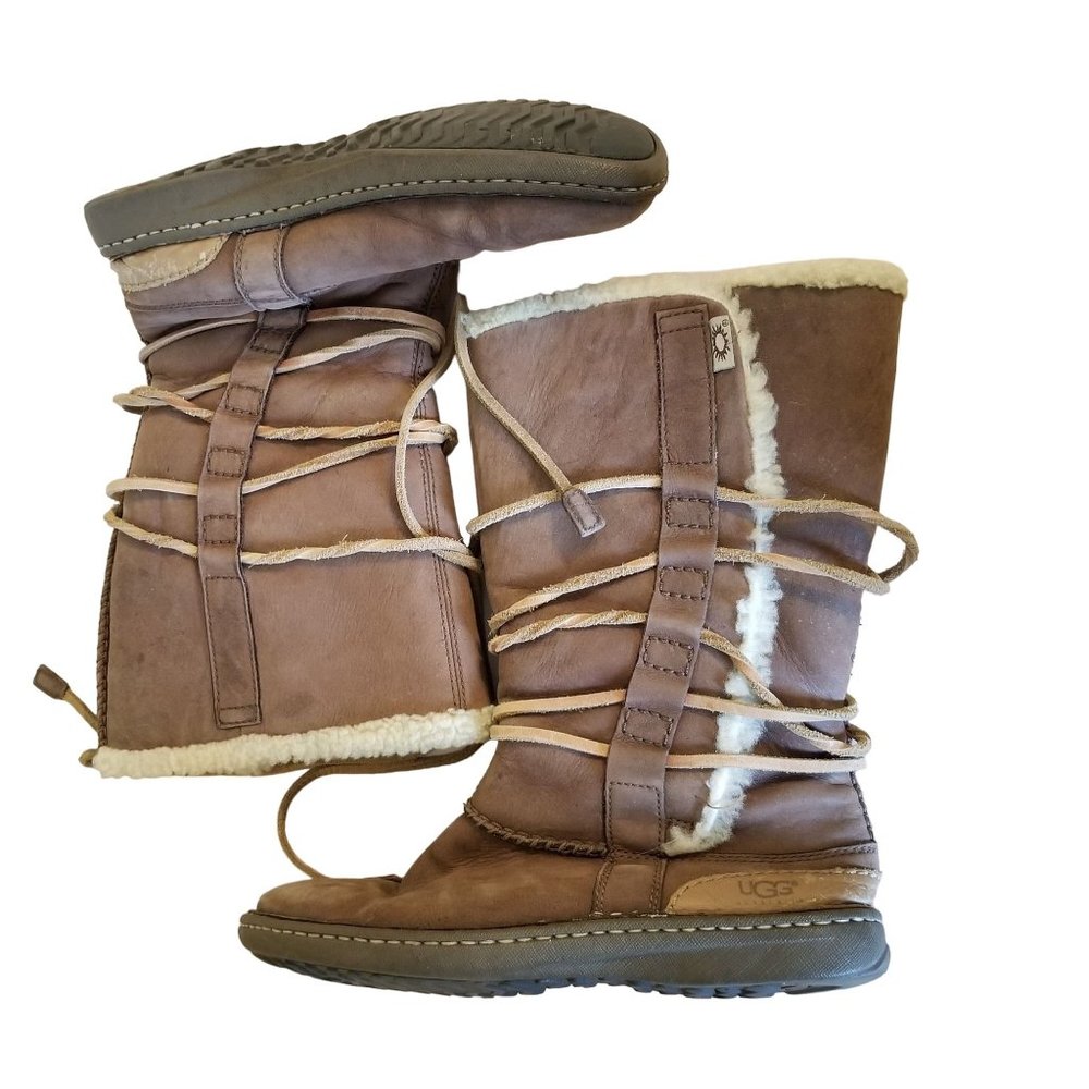 Ugg 9‎ Tall Boots 1634 CATALINA Brown Leather Sheepskin Lace Up Wrap Around